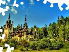 Krzewy, Niebo, Zielone, Zamek, Drzewa, Błękitne