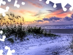 Trawy, Plaża, Chmury, Morze