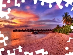 Zachód, Palma, Morze, Słońca, Plaża