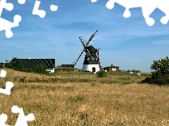 Wiatrak, Budynki, Łąka, Niebo, Drzewa