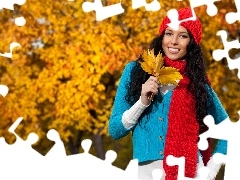 Brunetka, Jesień, Liście, Park