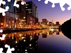 Rzeka, Miasto, Tokio, Wieczór, Japonia