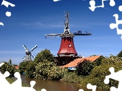 Rzeka, Drzewa, Wiatraki