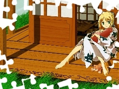 Fate Stay Night, pluszak, dom, kobieta, trawa