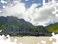 Plaża, Chmury, Skały