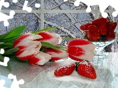 Truskawki, Tulipany, Okno, Śnieg