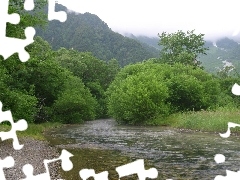 Gór, Krzewy, Szczyty, Zielone, Rzeka, Drzewa