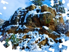 Drzewa, Śnieg, Zima, Skały