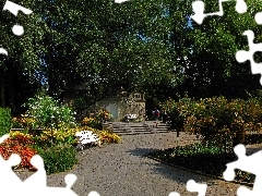 Ławka, Kwiaty, Park, Drzewa