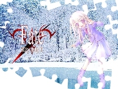 napisy, zima, Fate Stay Night, drzewa, dziewczyna