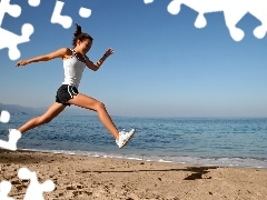 Sport, Kobieta, Plaża, Podskok, Morze
