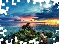 Niebo, Zachmurzone, Ocean, Kamienie