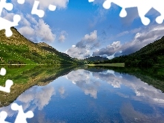 Chmurki, Wzgórza, Jezioro, Odbicie, Zielone