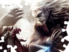 zęby, potwór, kły, The Witcher, krew, mężczyzna