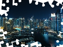 Jachty, Port, Miasto, Dubaj, Nocą