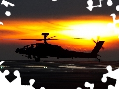 Zachód, Chmury, Helikopter, Słońca, Lot