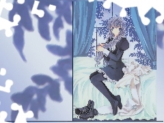 okno, siedzi, dziewczyna, Chobits, zasłony, buty, łóżko