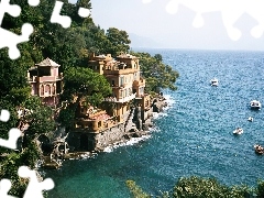 Włochy, Łódki, Drzewa, Wybrzeże, Portofino, Domy, Skały