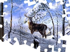 Śnieg, Las, Dwa, Art, Jelenie