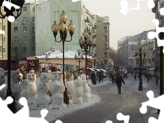 Miasto, Bałwanki, Ulica, Latarnie
