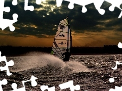 morze, żagiel , Windsurfing, fala Zachód Słońca, deska