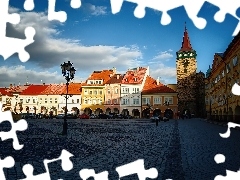 Cień, Kamienice, Niebo, Rynek, Wieża, Plac