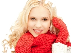 Szalik, Rękawiczki, Uśmiechnięta, Zima, Blondynka