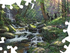 Trzy, Wodospad, Kamienie, Las, Niedźwiadki, Rzeka