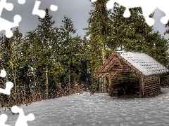Zima, Śnieg, Las, Domek