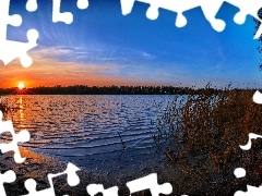 Słońca, Wschód, Jezioro, Szuwary