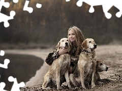 Spacer, Golden Retriever, Dziewczyna, Psy