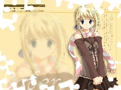 Saber, napisy, Fate Stay Night, mini, dziewczyna, twarz
