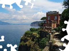 Krzaki, Murek, Dom, Sorrento, Drzewa, Włochy, Woda