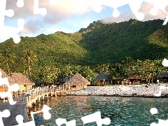 Domki, Woda, Mostek, Wyspa, Góry, Moorea