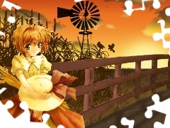 kapelusz, dziewczyna, Cardcaptor Sakura, płot, wiatrak