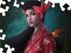 Motyl, Kwiaty, Kobieta, Kimono