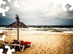 Wakacje, Leżaki, Plaża, Zachód, Parasol, Słońca, Morze