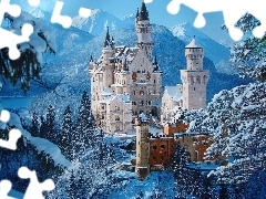 Schwangau, Neuschwanstein, W, Zima, Niemcy, Zamek