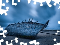 Łódka, Stara, Chmury, Plaża