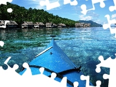 Wyspy, Domki, Drzewa, Kajak, Raja Ampat, Woda