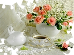 Porcelana, Biała, Różowe, Róże