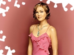 sukienka, różowa, Julia Stiles, naszyjnik
