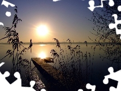 Trawa, Słońca, Jezioro, Pomost, Zachód