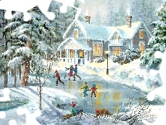 Dzieci, Staw, Lodowisko, Dom, Łyżwy, Zamarznięty