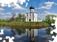 Drzewa, Chmury, Cerkiew, Woda