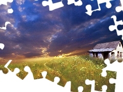 Domek, Łąka, Kwiatki, Zachód, Art, Słońca
