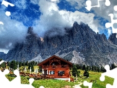 Drzewa, Restauracja, Góry, Austria, Chmury