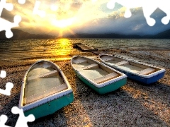 Plaża, Morze, Zachód, Łajby, Słońca