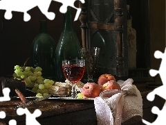 Butelki, Kieliszki, Owoce, Wino