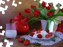 Śmietana, Bita, Tulipany, Mleko, Truskawki